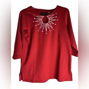 Bob Mackie Red Multi Key Hole Embroidered 3/4 Sleeve Knit Top Size XSmall